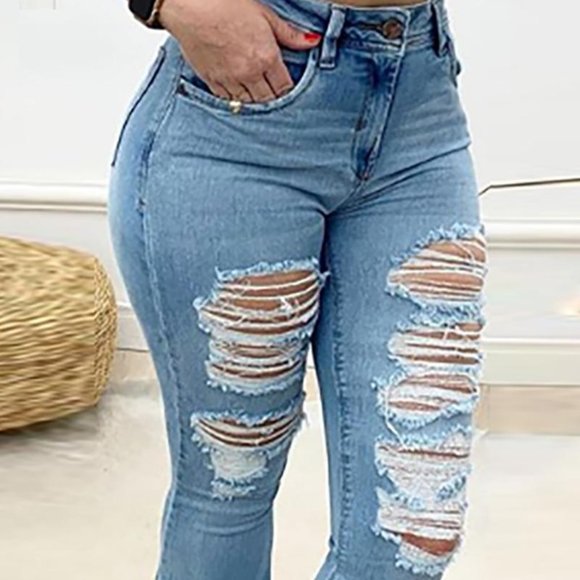 Solid Denim Distressed Bell-Bottom Jeans - Picture 2 of 3